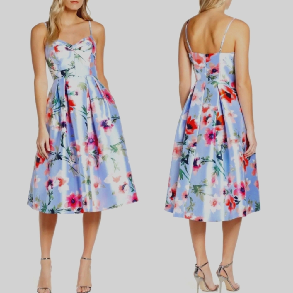 Eliza J Floral Blue Satin Cocktail Dress sz 12